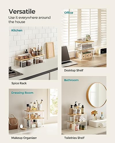 SONGMICS Cabinet Organizer Shelf, Set of 4 Kitchen Counter Shelves, Kitchen Storage, Spice Rack, Stackable, Expandable, Metal and Engineered Wood, Cloud White and Natural Beige UKCS010N01 - Image 7