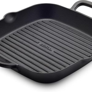 GreenPan x Bobby Flay Cast Iron 11” Square Grill Pan, Pre-Seasoned Professional Grade Heavy Duty Skillet, Helper Handles, Induction Suitable, Stovetop, Oven, BBQ & Fire, Indoor & Outdoor Use, Black