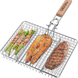 ORDORA Grill Basket, Fish Grill Basket, Rustproof Stainless Steel BBQ Grilling Basket for Meat,Steak etc, Grill Accessories,Grilling Gifts for Men Dad