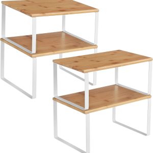 SONGMICS Cabinet Organizer Shelf, Set of 4 Kitchen Counter Shelves, Kitchen Storage, Spice Rack, Stackable, Expandable, Metal and Engineered Wood, Cloud White and Natural Beige UKCS010N01